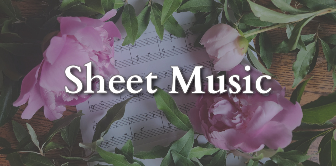 Page of sheet music surrounded by pink peony flowers and text that says "Sheet Music."
